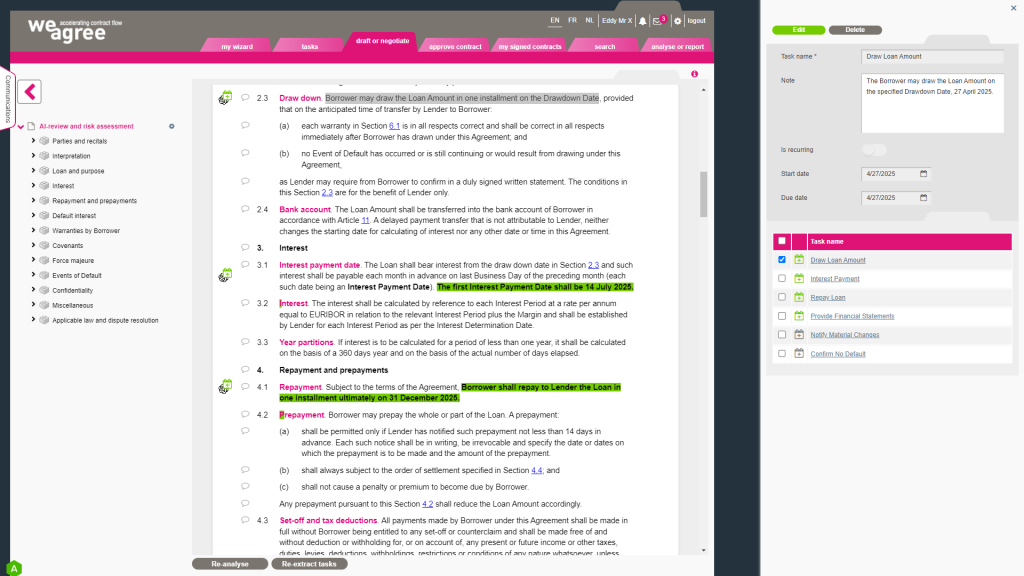 Weagree AI tasks extraction and AI contract handover cover AI created contract summaries