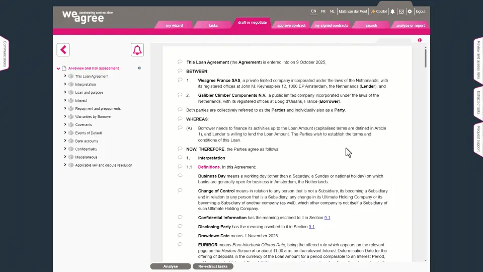 AI contract tasks extraction and contract handover